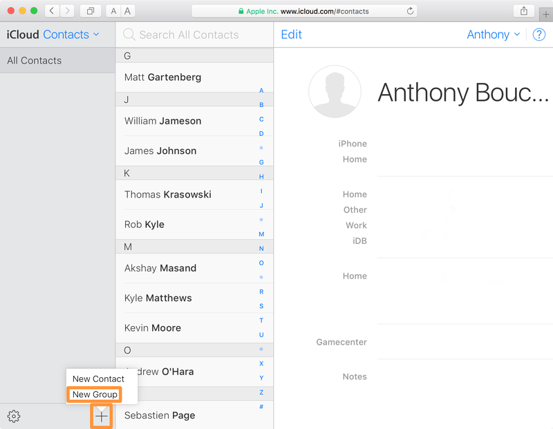 iCloud website new group contacts