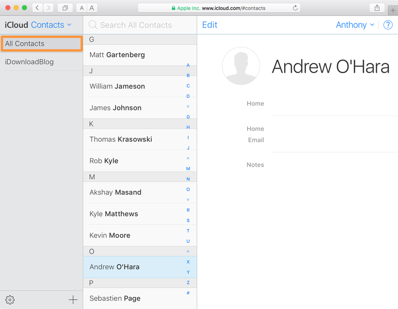 All Contacts Sidebar iCloud.com