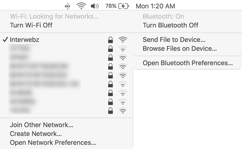 Mac Wi-Fi et Blueooth dans la barre de menus