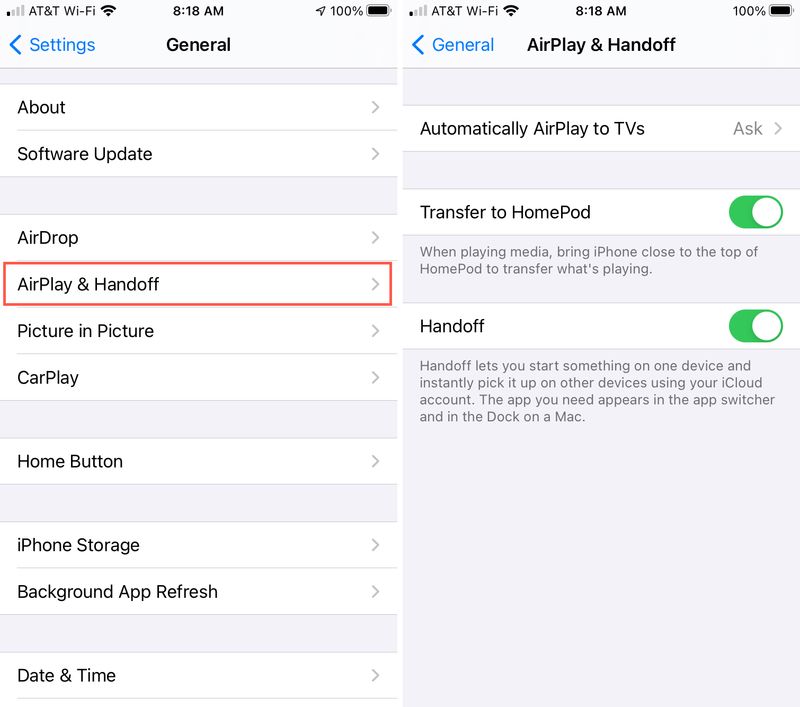 Paramètres AirPlay et Handoff sur iPhone