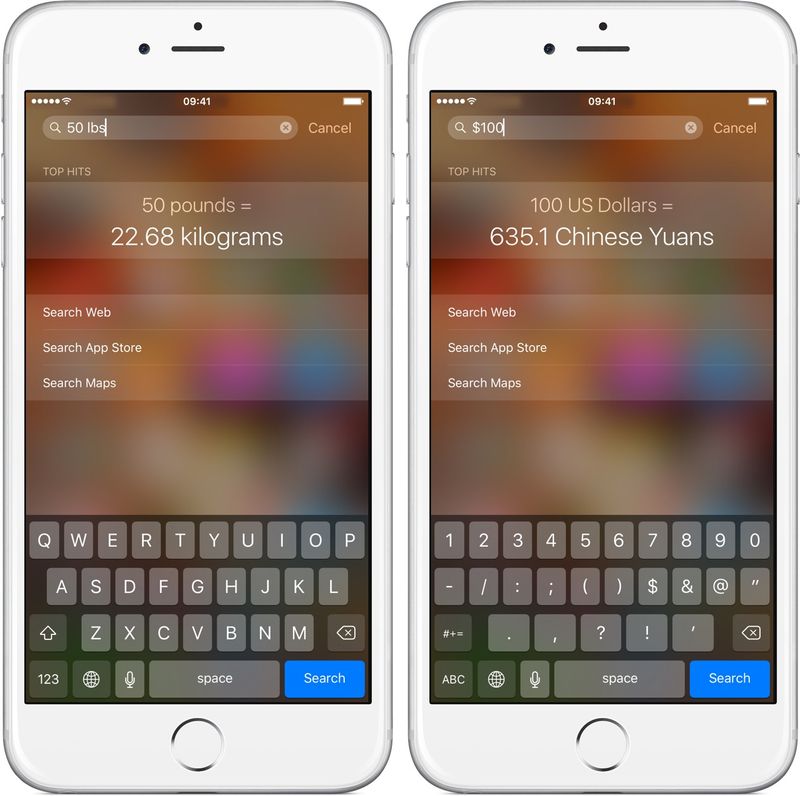 Unité Spotlight et conversion de devises sur iPhone