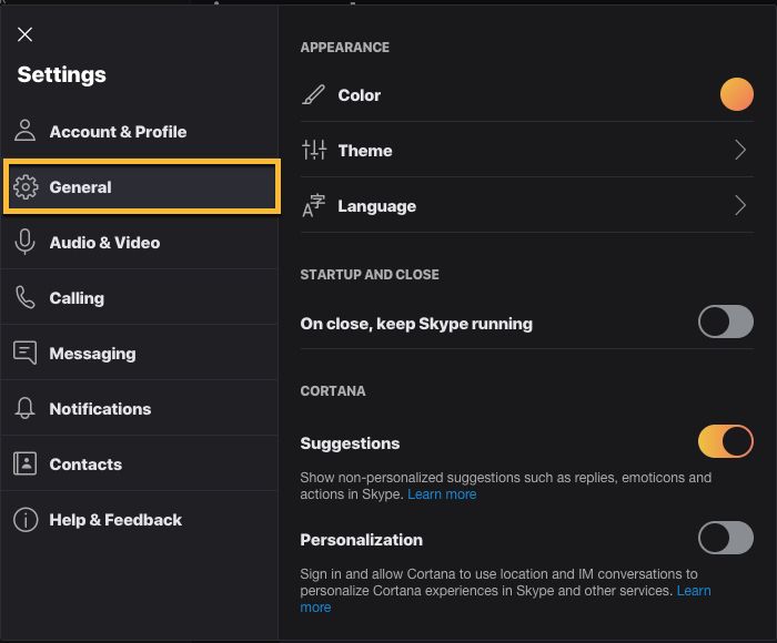 Skype Settings General