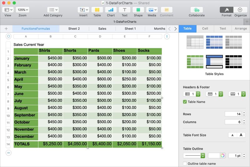 Numbers Table Style and Options Mac