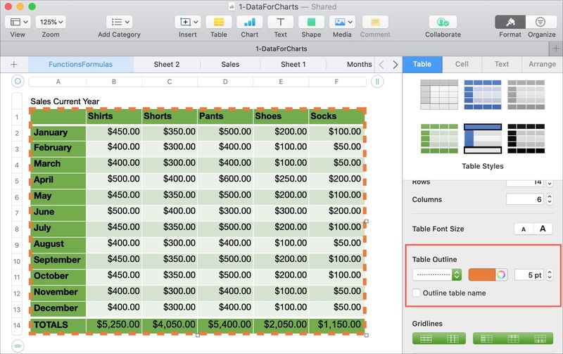 Numbers Table Outline Mac