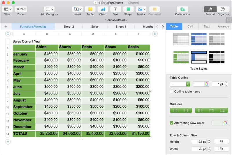 Numbers Table Gridlines and Options Mac