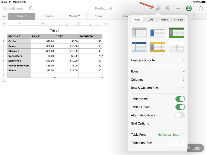 Numbers Table Style Options iPad
