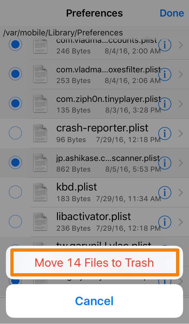 Move Files to Trash iFile