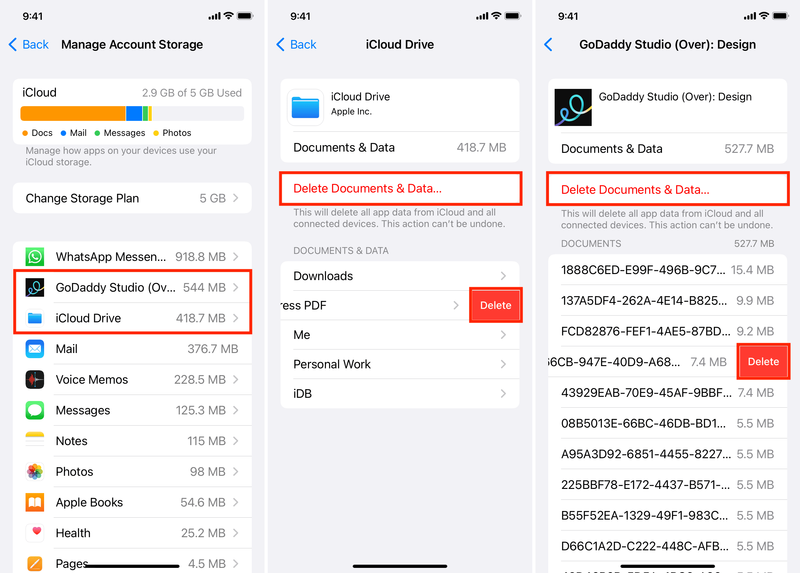 Supprimer des documents et des données pour une application sur iPhone