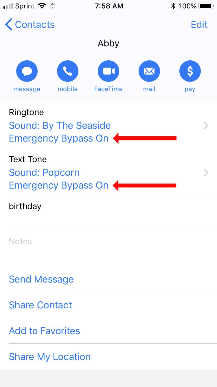 Emergency Bypass Contacts Screen