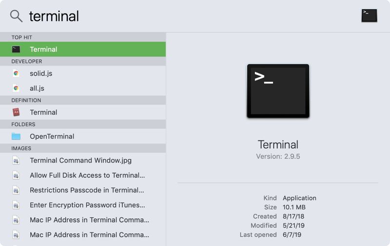 Recherche Spotlight pour Terminal Mac