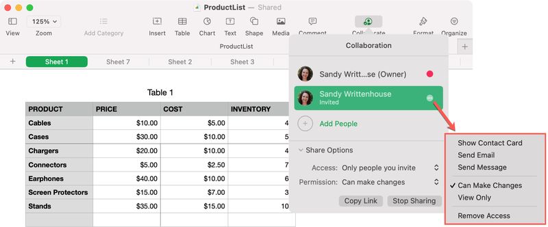 Collaboration Details for a Person in Numbers on Mac