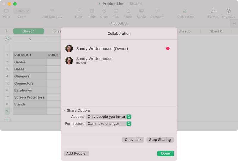 Collaboration Details in Numbers on Mac