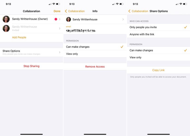 Collaboration Details in Pages on iPhone