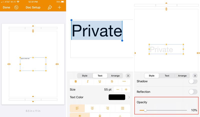 Pages Configuration du document Opacité iPhone