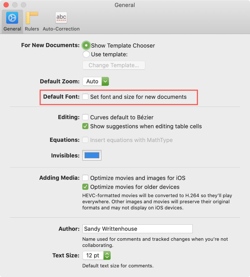 Set font and size for new documents Pages Mac