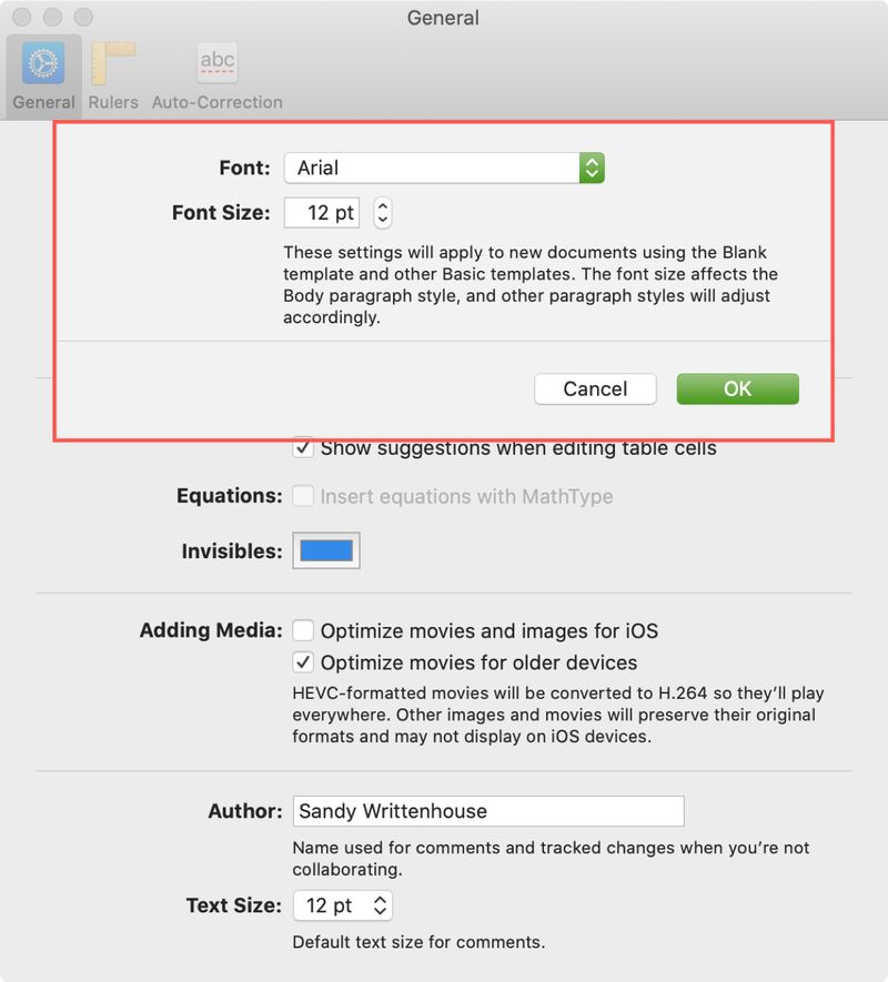 Change default font style size Pages Mac