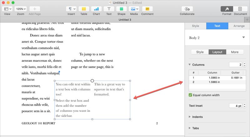 Insérer une zone de texte de colonnes dans les pages sur Mac