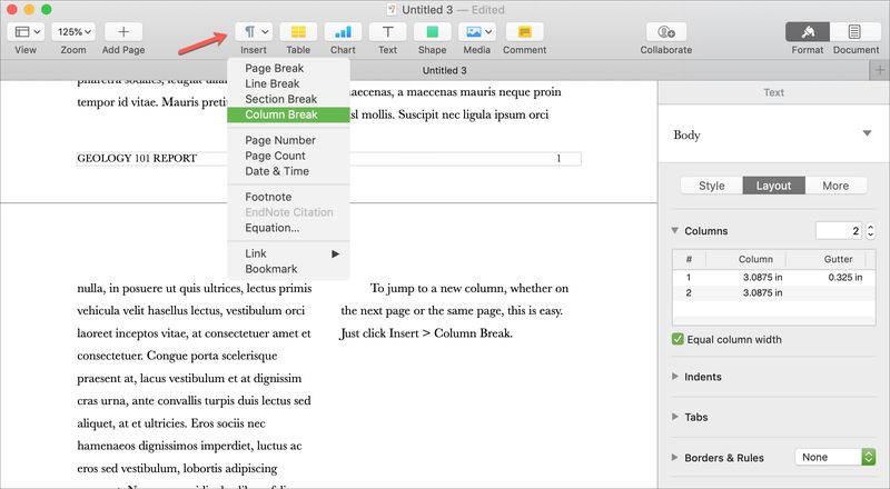 Insérer un saut de colonne dans les pages sur Mac