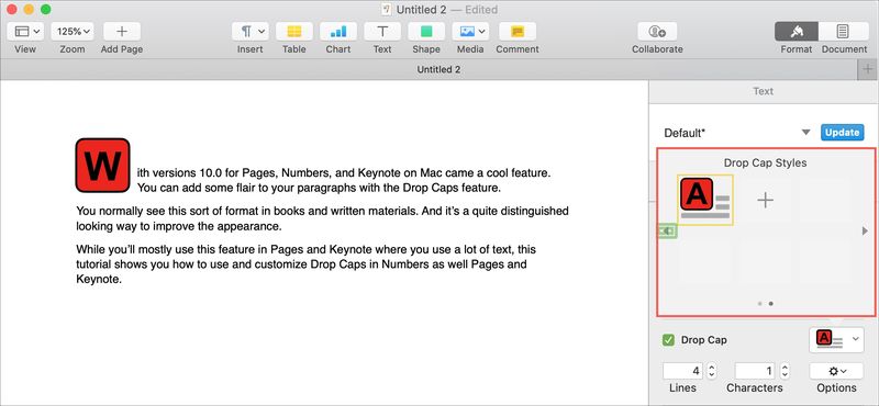 Mac Pages Drop Cap Add Style