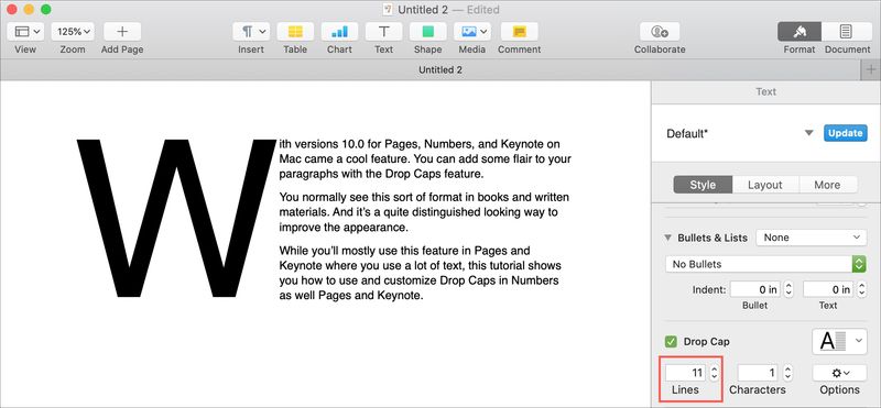 Mac Pages Drop Cap Lines