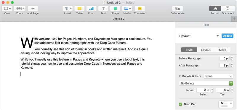 Mac Pages Apply Drop Cap
