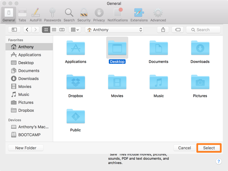 Safari New Download Locaton Selected