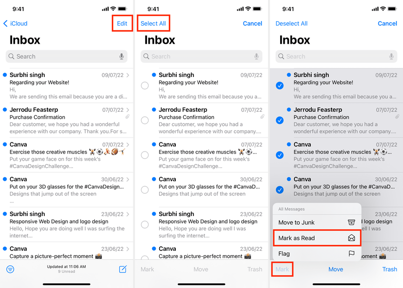 Marquer tous les e-mails comme non lus sur iPhone