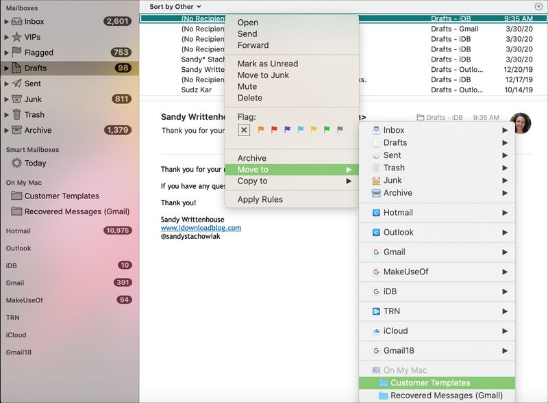 Move Email to Mailbox Shortcut Menu