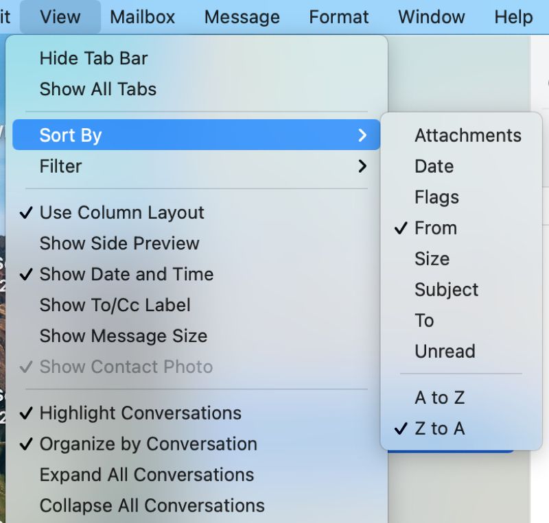Sort Mail by Mac Menu Bar