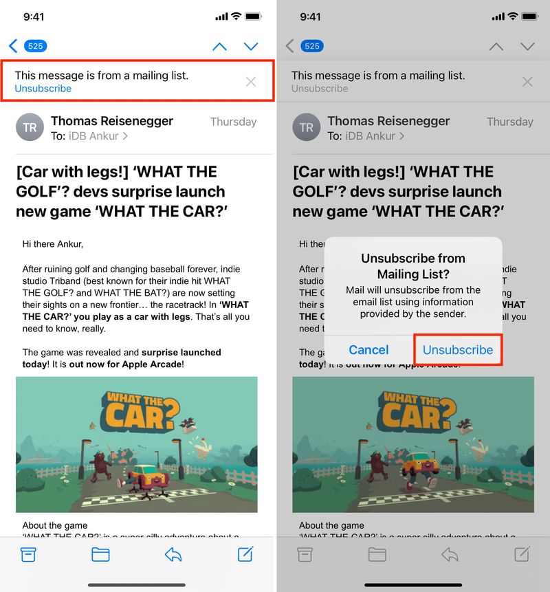 Unsubscribe button in the Mail app on iPhone