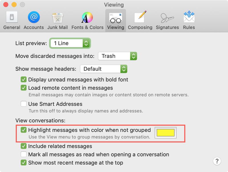 Mail Preferences Viewing highlight color