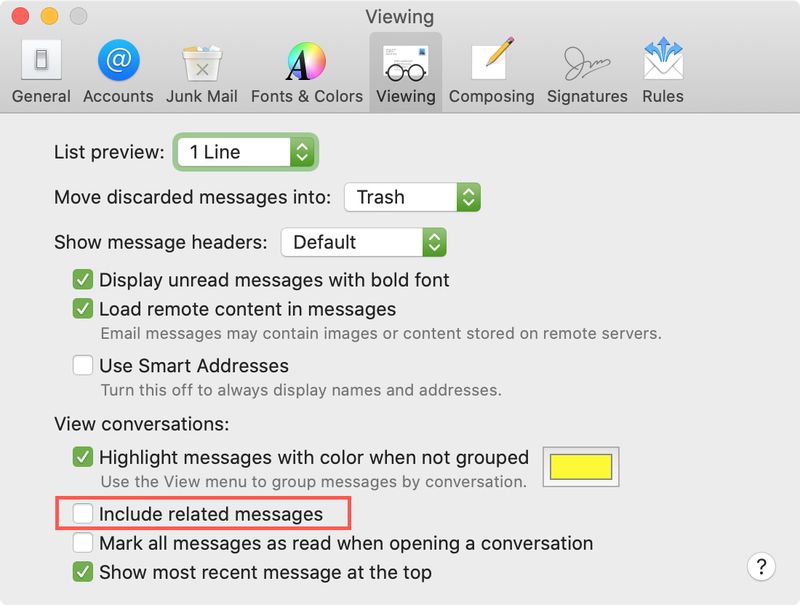 Mail Preferences Viewing uncheck related messages