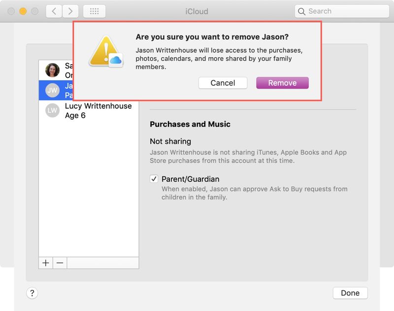 Confirmer la suppression du membre du partage familial Mac