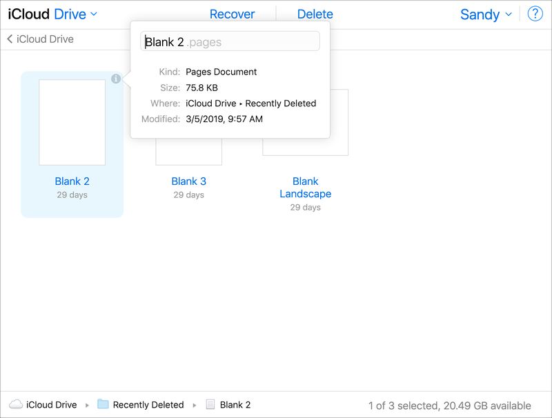 Informations sur les éléments récemment supprimés sur iCloud Drive