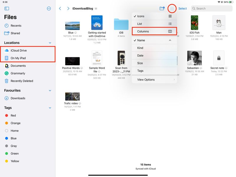 Select Columns view in iPad Files app
