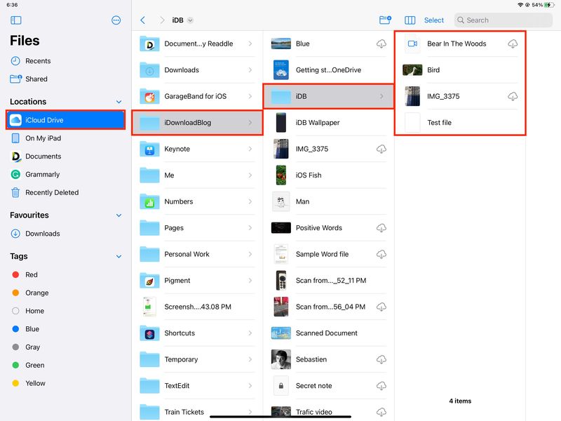 Columns view in iPad Files app
