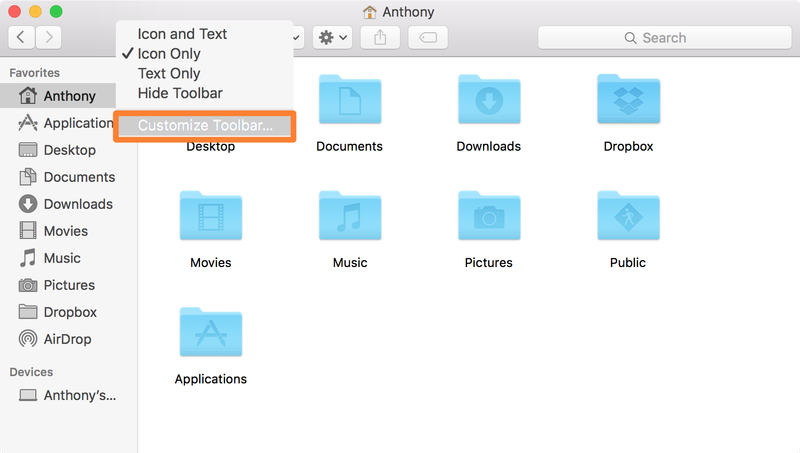 OS X Finder Customize Toolbar Button