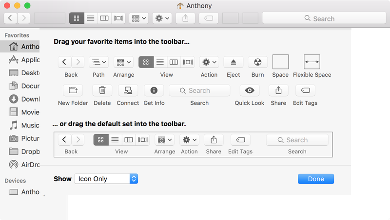 mac Finder Toolbar Editing Interface OS X