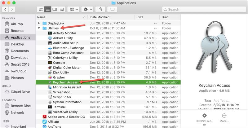 Finder Applications Utilities Keychain Access on Mac
