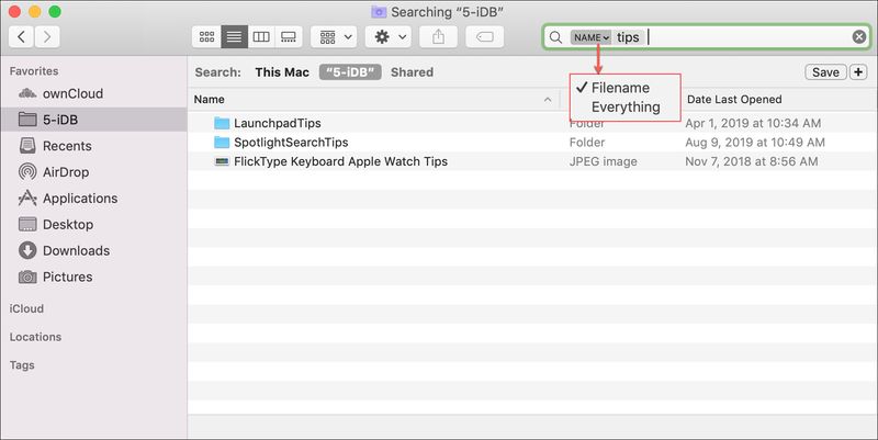 Liste déroulante de recherche du Finder Mac