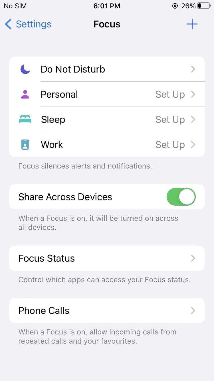Paramètres de mise au point iOS 15