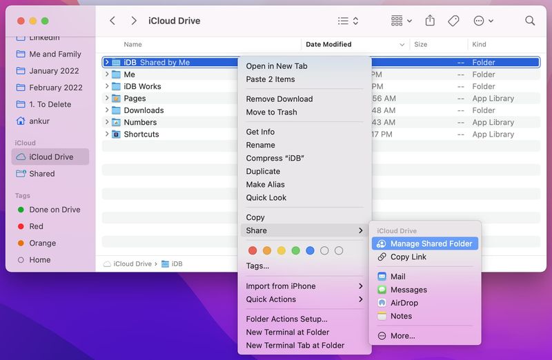 Gérer le dossier partagé dans iCloud Drive sur Mac
