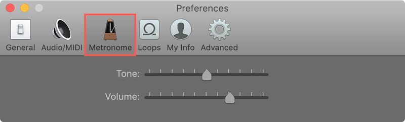 Paramètres du métronome GarageBand Mac