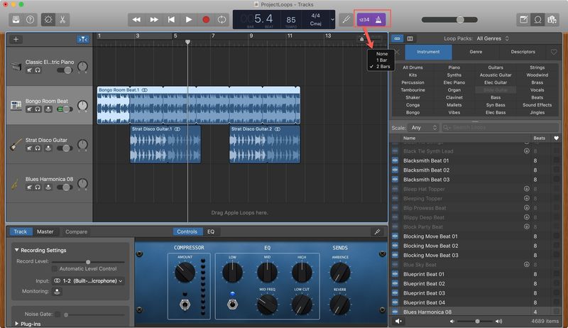Décompte du métronome GarageBand sur Mac
