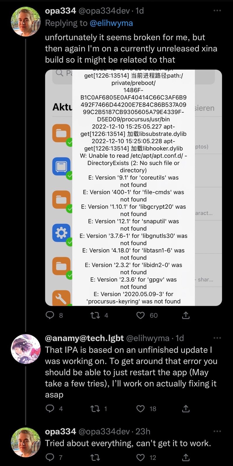 TrollStore developer responds to Sileo for XinaA15 release.