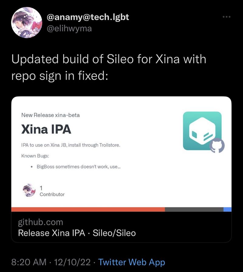 Amy While of Sileo Team Tweets build of SIleo for XinaA15 jailbreak.