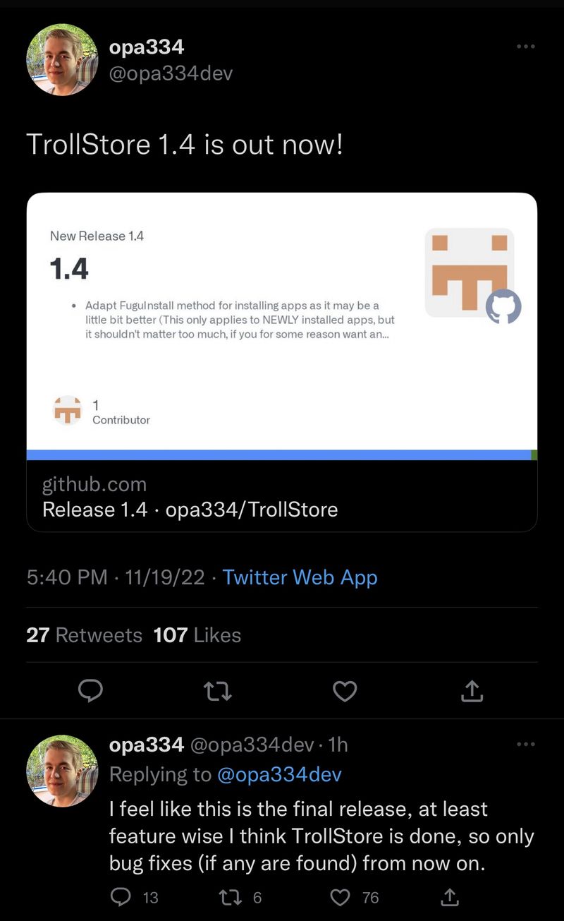 TrollStore updated to version 1.4 and announced via Twitter.