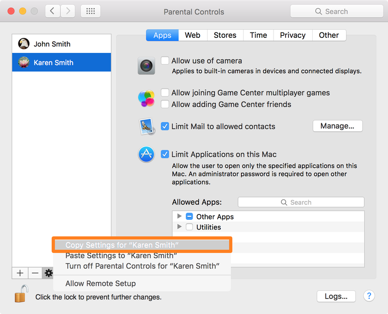 Copy Settings for Parental Controls