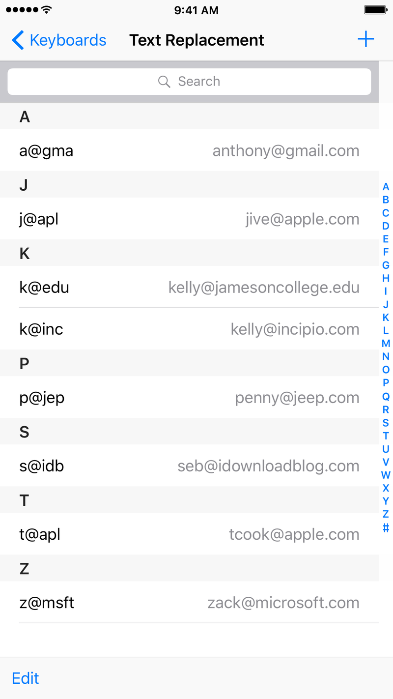 Text replacement entries on iPhone