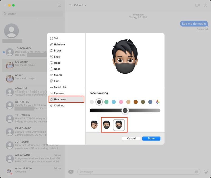 Couverture faciale dans Memojis sur Mac